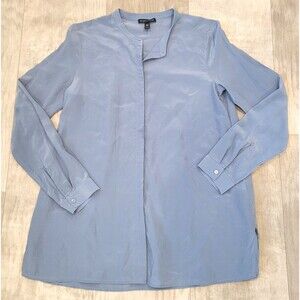 Eileen Fisher 100% Silk Blue Long Sleeve Button Front Blouse Size XS Oversized